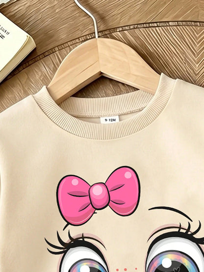 1 Set Baby Girl Sweet Cute Fashion Expression Element Pattern Print Crew Neck Sweatshirt With Matching Print Pattern Leggings Outfit, Suitable For Autumn/Winter Daily Wear