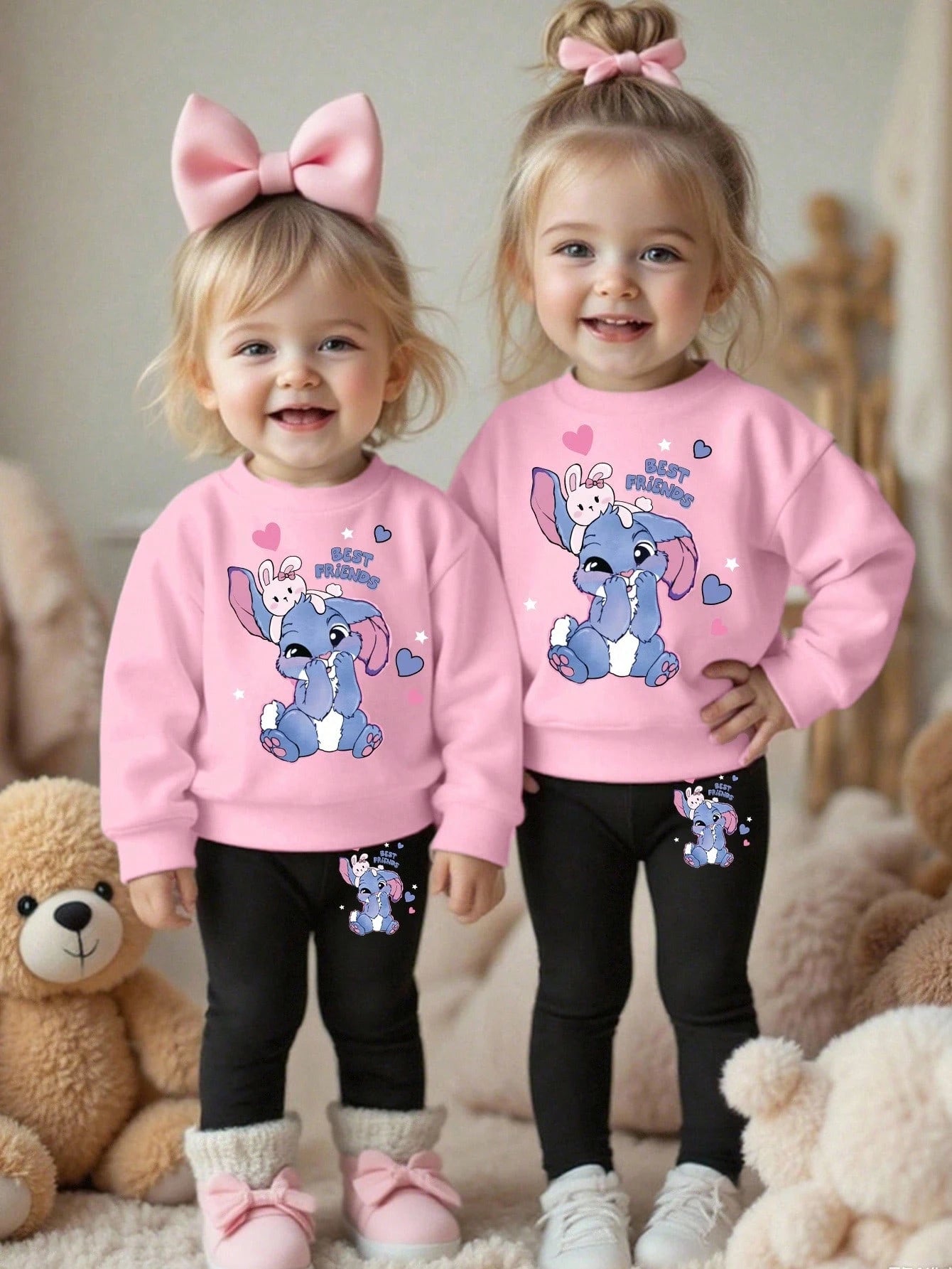 1 Set Baby Girl Sweet Cute Fashion Expression Element Pattern Print Crew Neck Sweatshirt With Matching Print Pattern Leggings Outfit, Suitable For Autumn/Winter Daily Wear