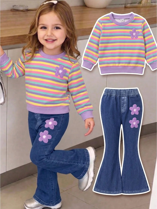 1 Set Baby Girl Sweet Cute Fashion Striped Pattern Print Crew Neck Sweatshirt With Matching Print Pattern Flare Pants Long Pants Outfit, Suitable For Autumn/Winter Daily Wear And Outings