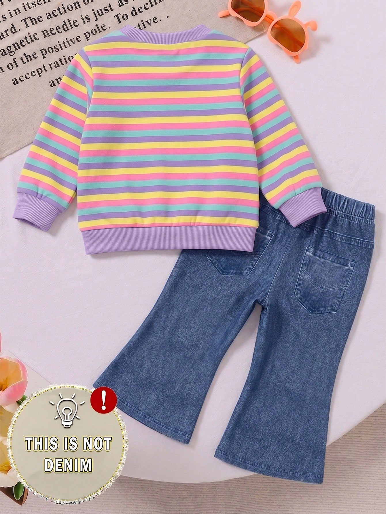 1 Set Baby Girl Sweet Cute Fashion Striped Pattern Print Crew Neck Sweatshirt With Matching Print Pattern Flare Pants Long Pants Outfit, Suitable For Autumn/Winter Daily Wear And Outings