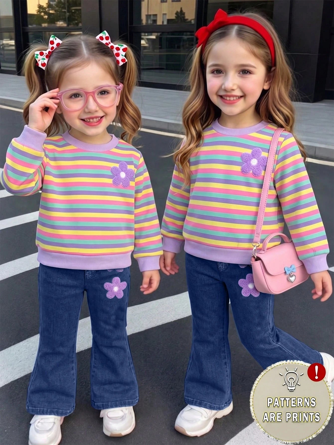 1 Set Baby Girl Sweet Cute Fashion Striped Pattern Print Crew Neck Sweatshirt With Matching Print Pattern Flare Pants Long Pants Outfit, Suitable For Autumn/Winter Daily Wear And Outings