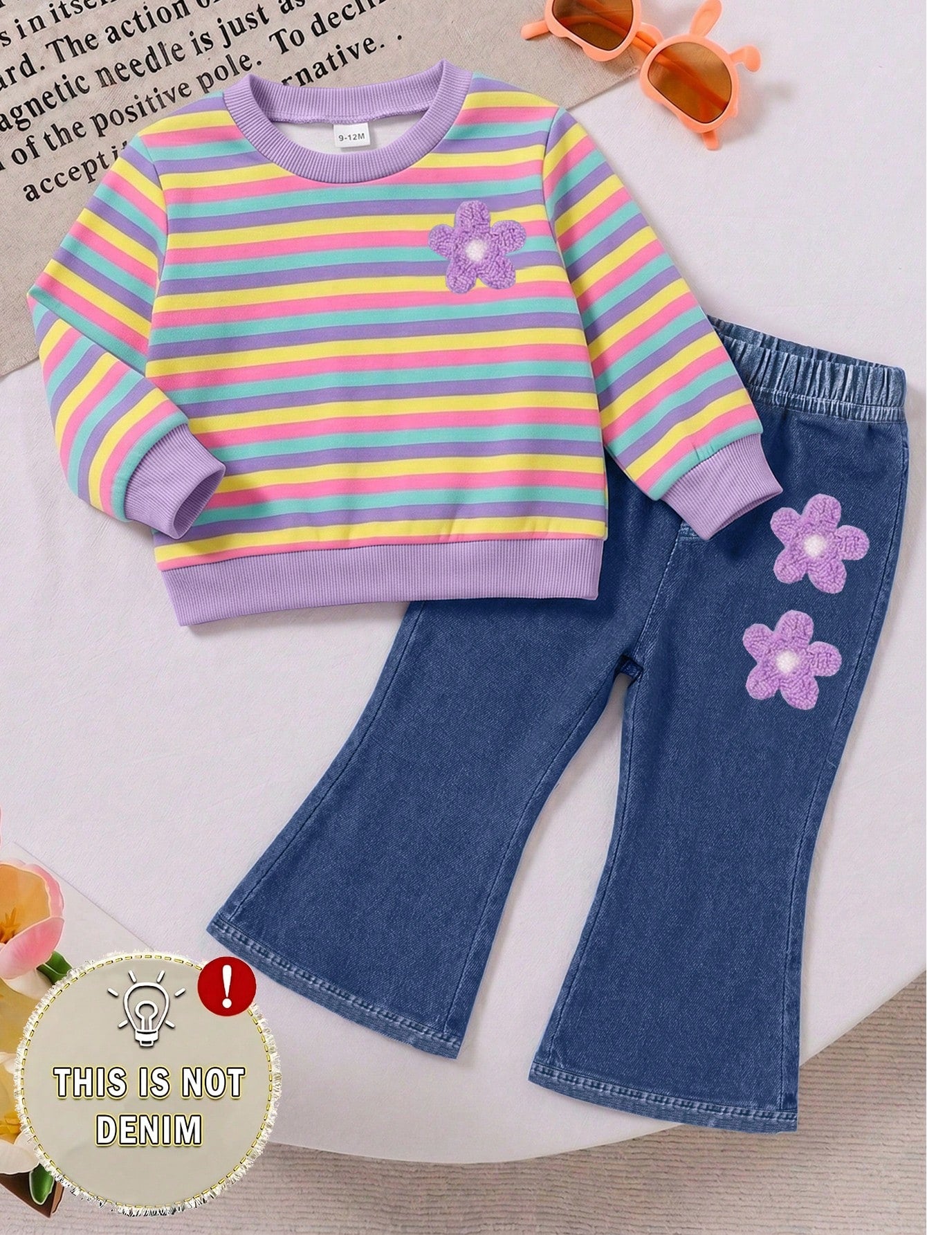 1 Set Baby Girl Sweet Cute Fashion Striped Pattern Print Crew Neck Sweatshirt With Matching Print Pattern Flare Pants Long Pants Outfit, Suitable For Autumn/Winter Daily Wear And Outings