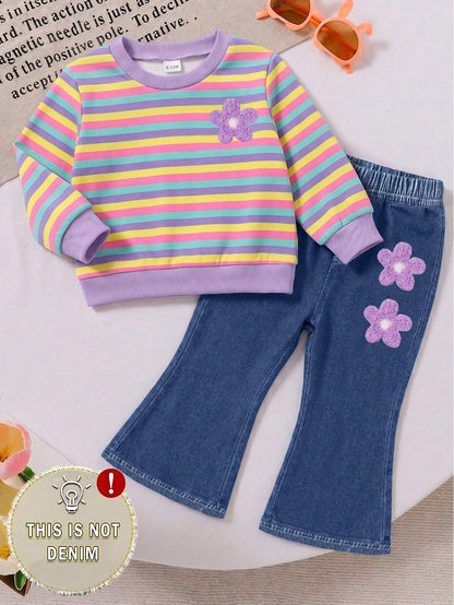 1 Set Baby Girl Sweet Cute Fashion Striped Pattern Print Crew Neck Sweatshirt With Matching Print Pattern Flare Pants Long Pants Outfit, Suitable For Autumn/Winter Daily Wear And Outings