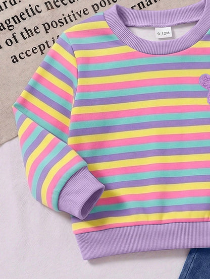 1 Set Baby Girl Sweet Cute Fashion Striped Pattern Print Crew Neck Sweatshirt With Matching Print Pattern Flare Pants Long Pants Outfit, Suitable For Autumn/Winter Daily Wear And Outings