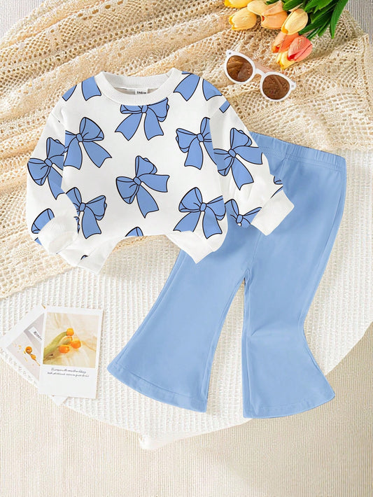 1 Set Baby Girls Cute Blue And White Striped Bow Pattern Crew Neck Sweatshirt And Flare Pants Outfit,Autumn Back-To-School Fashionable Fall Clothing