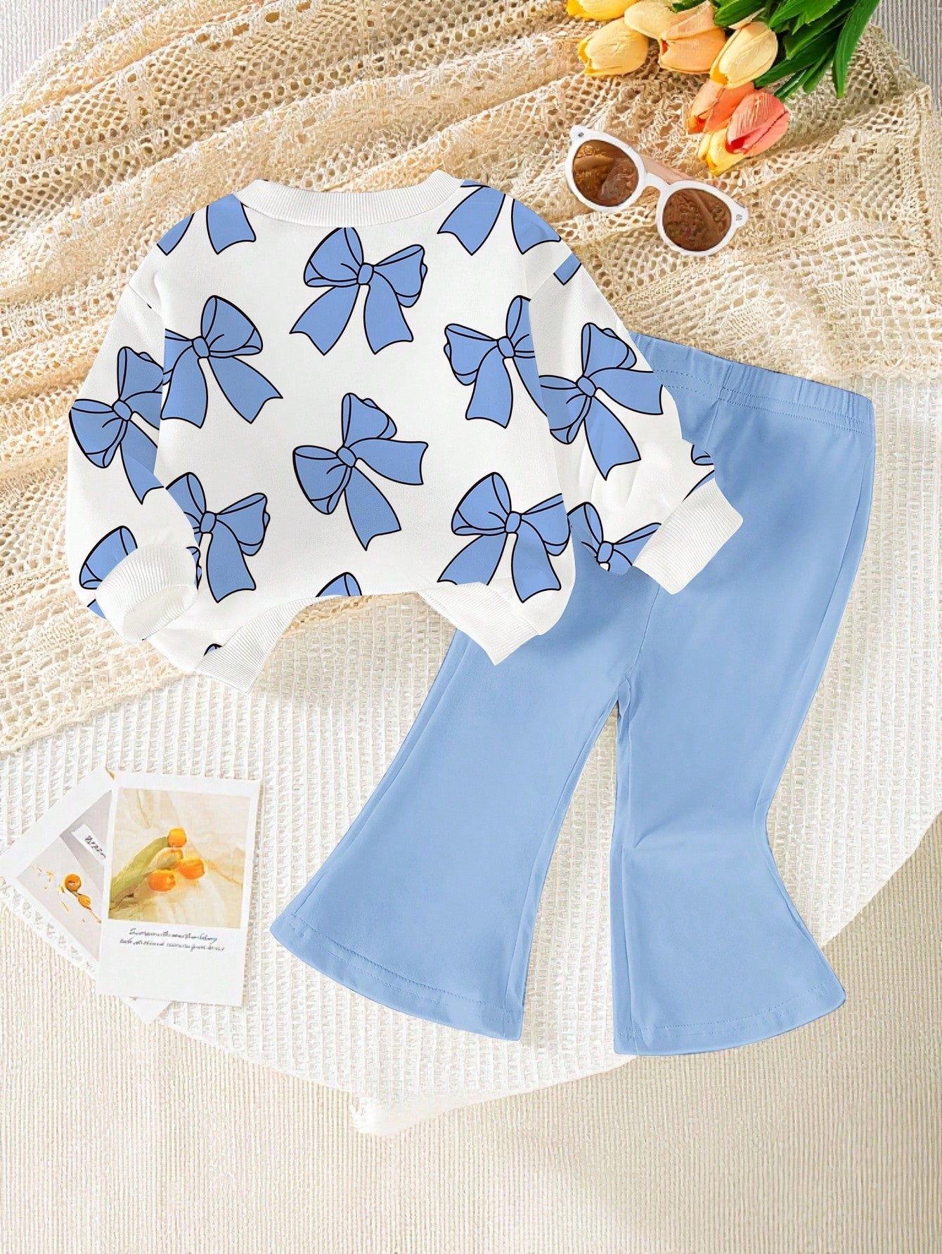 1 Set Baby Girls Cute Blue And White Striped Bow Pattern Crew Neck Sweatshirt And Flare Pants Outfit,Autumn Back-To-School Fashionable Fall Clothing