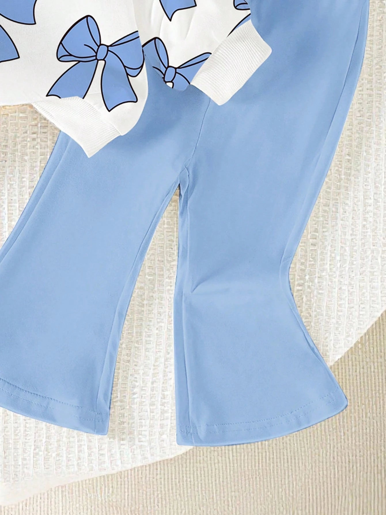1 Set Baby Girls Cute Blue And White Striped Bow Pattern Crew Neck Sweatshirt And Flare Pants Outfit,Autumn Back-To-School Fashionable Fall Clothing