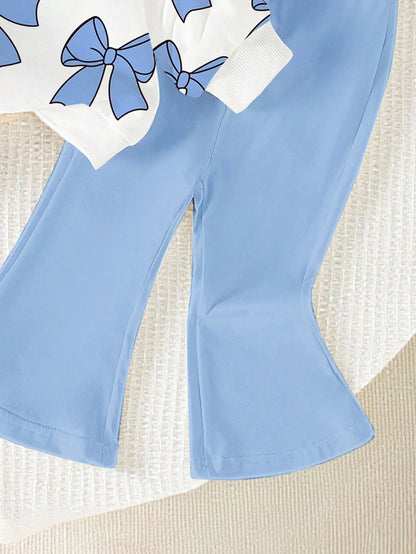 1 Set Baby Girls Cute Blue And White Striped Bow Pattern Crew Neck Sweatshirt And Flare Pants Outfit,Autumn Back-To-School Fashionable Fall Clothing