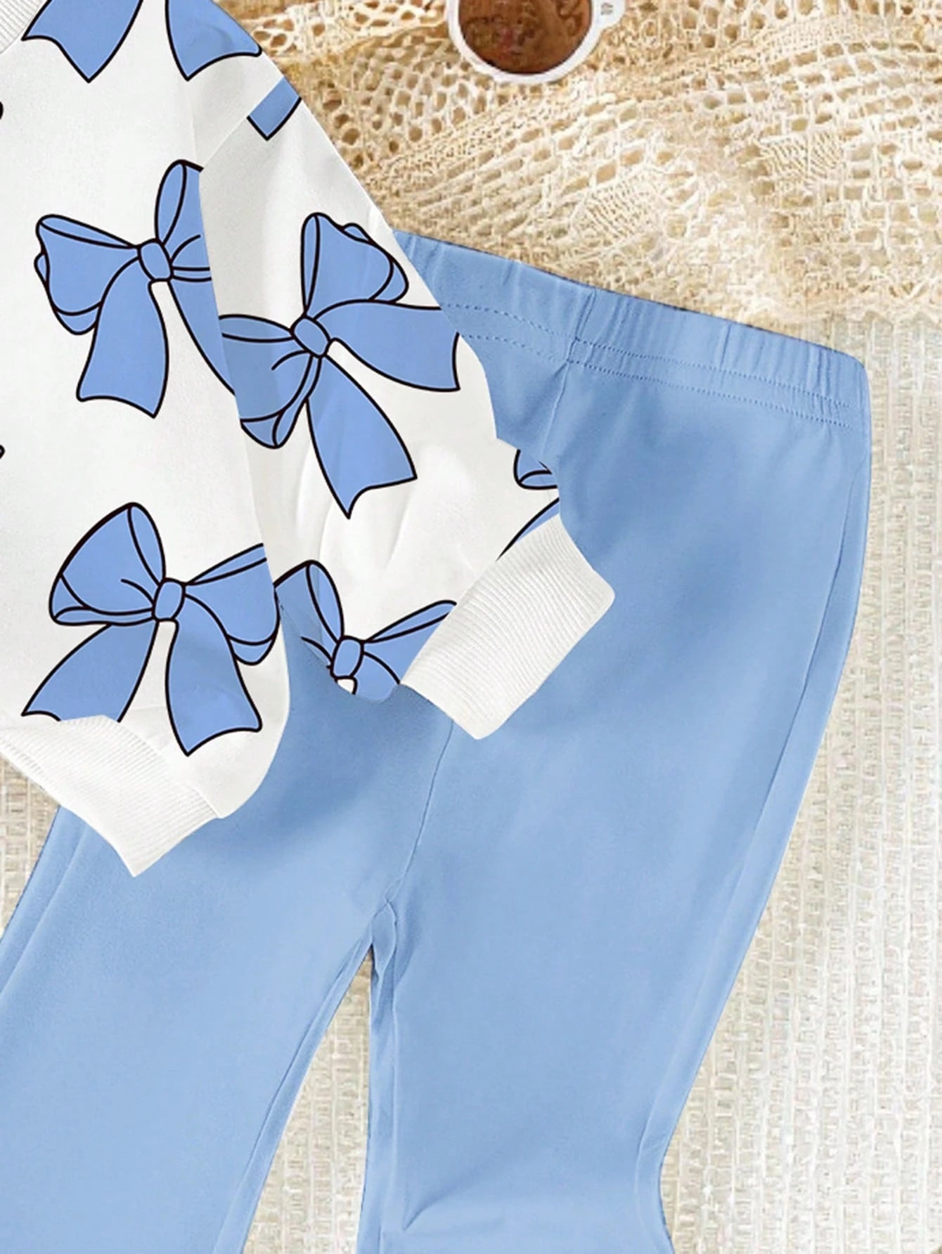 1 Set Baby Girls Cute Blue And White Striped Bow Pattern Crew Neck Sweatshirt And Flare Pants Outfit,Autumn Back-To-School Fashionable Fall Clothing
