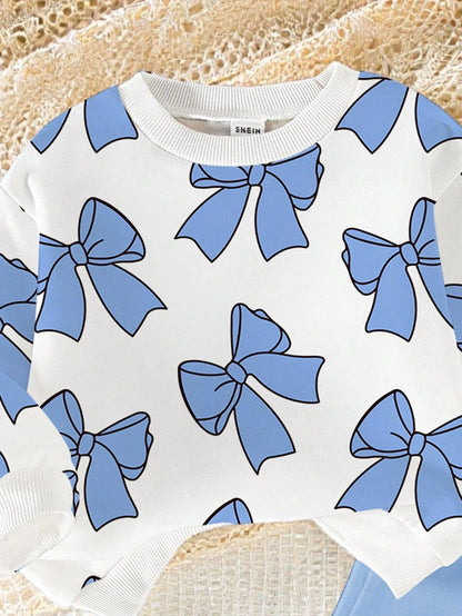 1 Set Baby Girls Cute Blue And White Striped Bow Pattern Crew Neck Sweatshirt And Flare Pants Outfit,Autumn Back-To-School Fashionable Fall Clothing