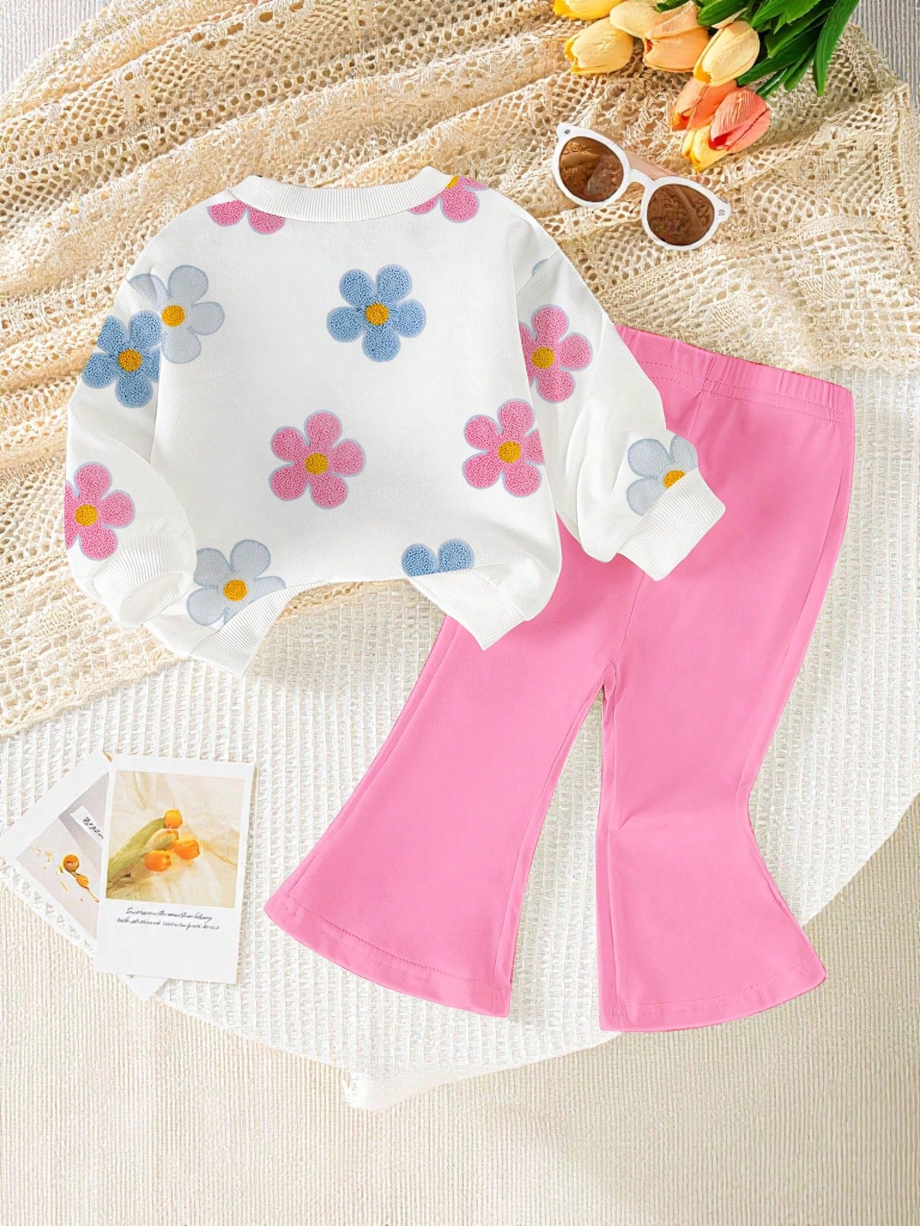 1 Set Baby Girls Cute Blue And White Striped Bow Pattern Crew Neck Sweatshirt And Flare Pants Outfit,Autumn Back-To-School Fashionable Fall Clothing