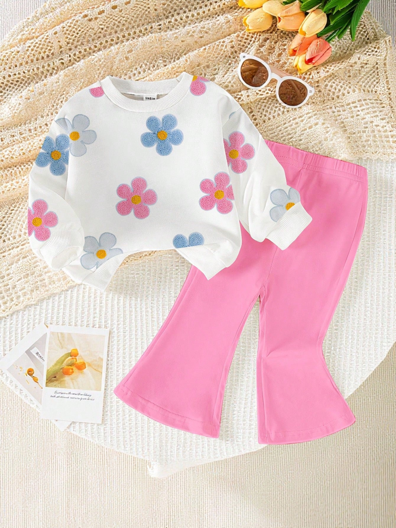 1 Set Baby Girls Cute Blue And White Striped Bow Pattern Crew Neck Sweatshirt And Flare Pants Outfit,Autumn Back-To-School Fashionable Fall Clothing
