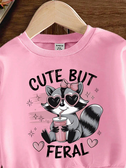 1 Set Baby Girls Cute Graphic Raccoon & Bow Heart "CUTE BUT " Letter Print Crew Neck Sweatshirt And Sweatpants Set,Light Pink,Autumn,Work,Casual