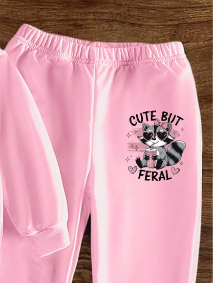 1 Set Baby Girls Cute Graphic Raccoon & Bow Heart "CUTE BUT " Letter Print Crew Neck Sweatshirt And Sweatpants Set,Light Pink,Autumn,Work,Casual