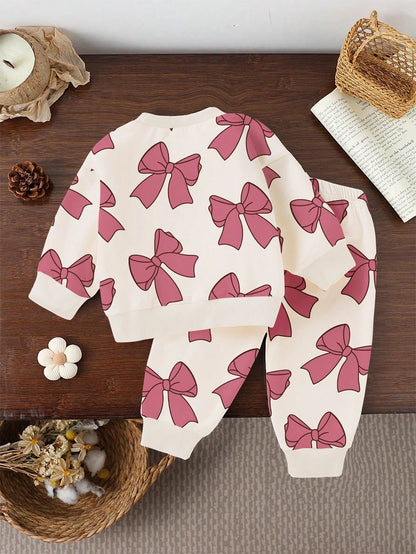 1 Set Baby Girls Cute Graphic Raccoon & Bow Heart "CUTE BUT " Letter Print Crew Neck Sweatshirt And Sweatpants Set,Light Pink,Autumn,Work,Casual