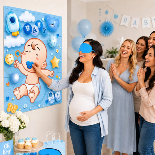 1 Set Baby Shower Games, Suitable For Guests, Includes Printed Poster, Eye Mask And Pacifier Stickers, Cute Pacifier Pin Game Props, Applicable For Gender Reveal And Birthday