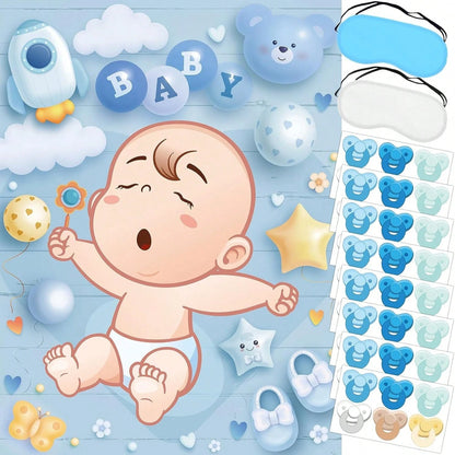 1 Set Baby Shower Games, Suitable For Guests, Includes Printed Poster, Eye Mask And Pacifier Stickers, Cute Pacifier Pin Game Props, Applicable For Gender Reveal And Birthday