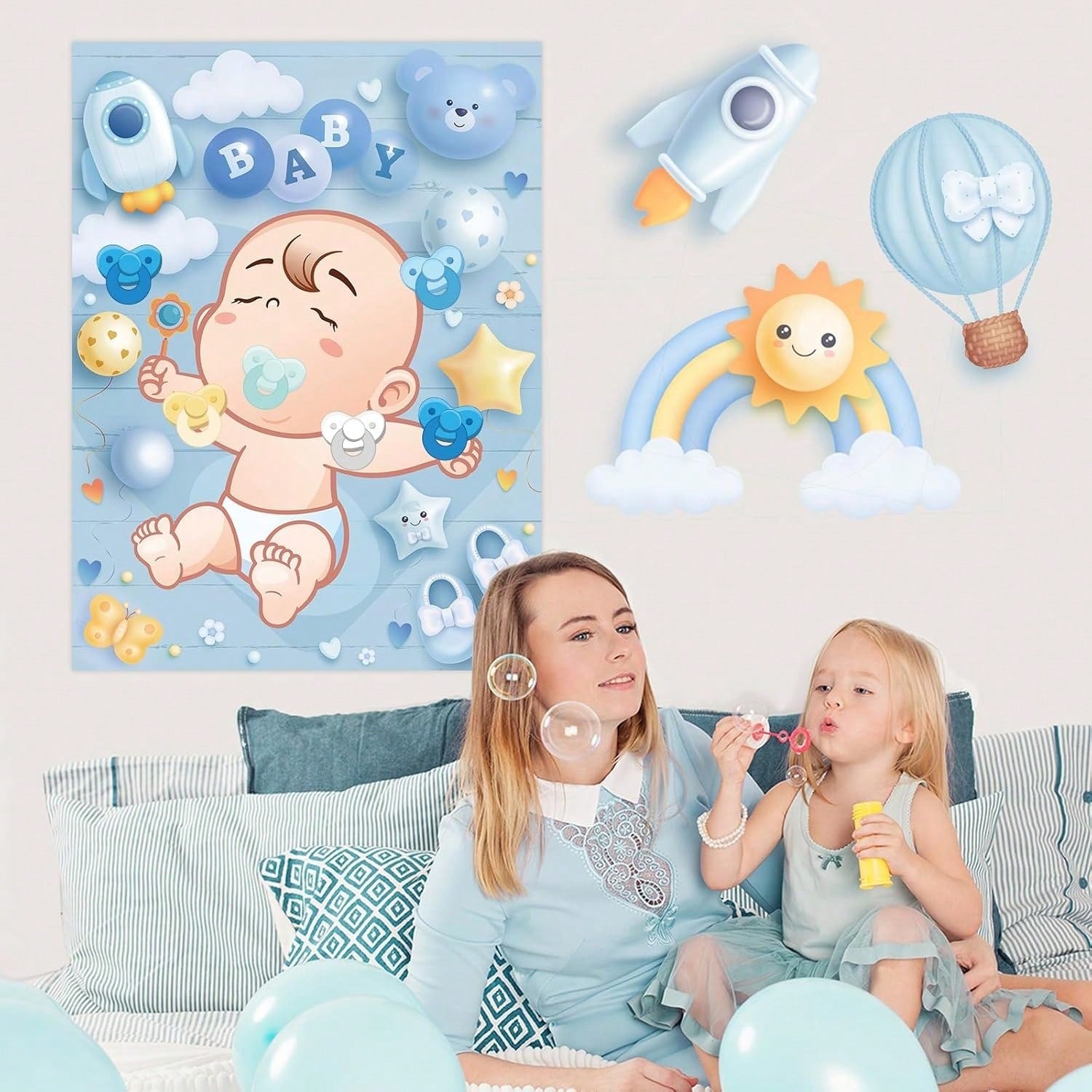 1 Set Baby Shower Games, Suitable For Guests, Includes Printed Poster, Eye Mask And Pacifier Stickers, Cute Pacifier Pin Game Props, Applicable For Gender Reveal And Birthday