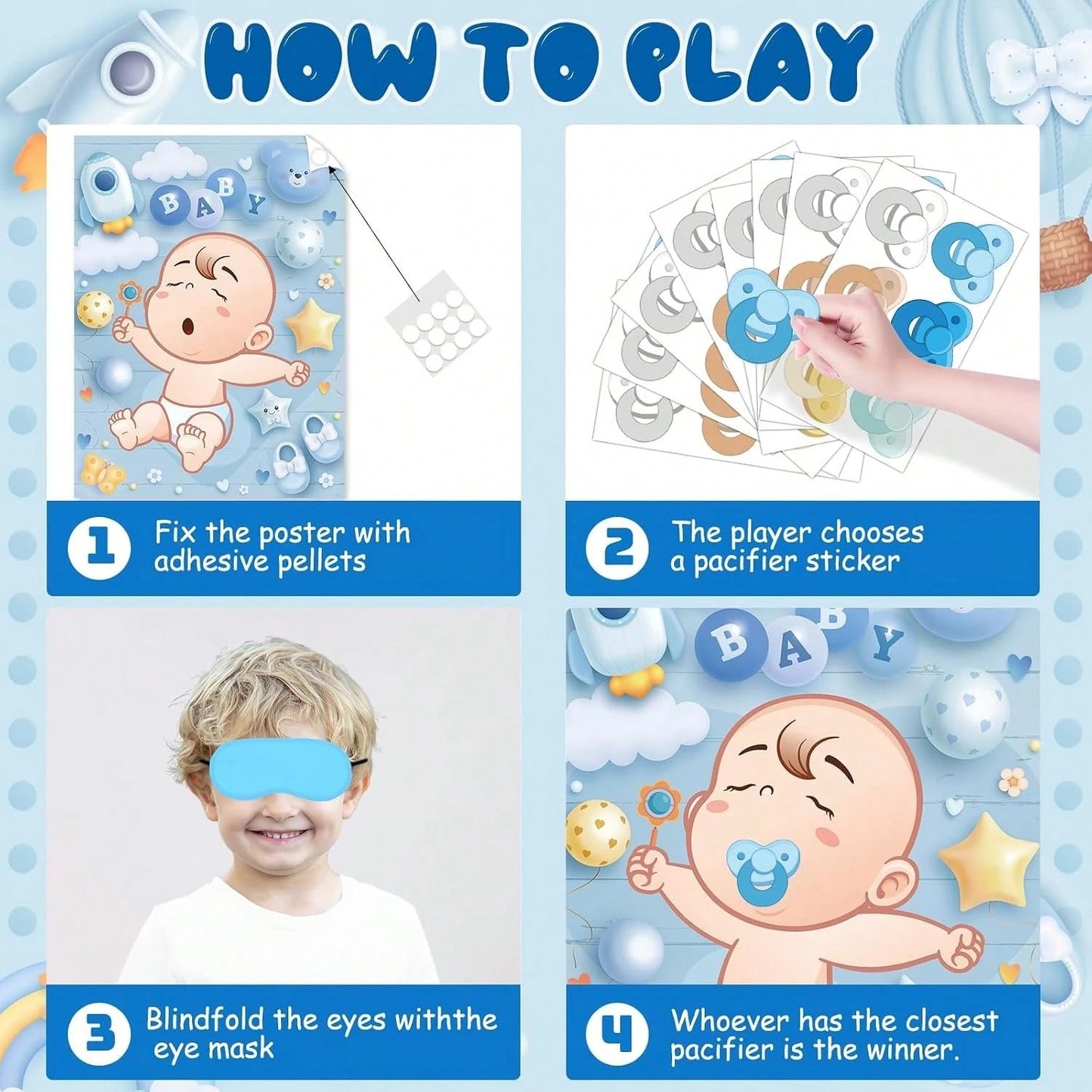 1 Set Baby Shower Games, Suitable For Guests, Includes Printed Poster, Eye Mask And Pacifier Stickers, Cute Pacifier Pin Game Props, Applicable For Gender Reveal And Birthday