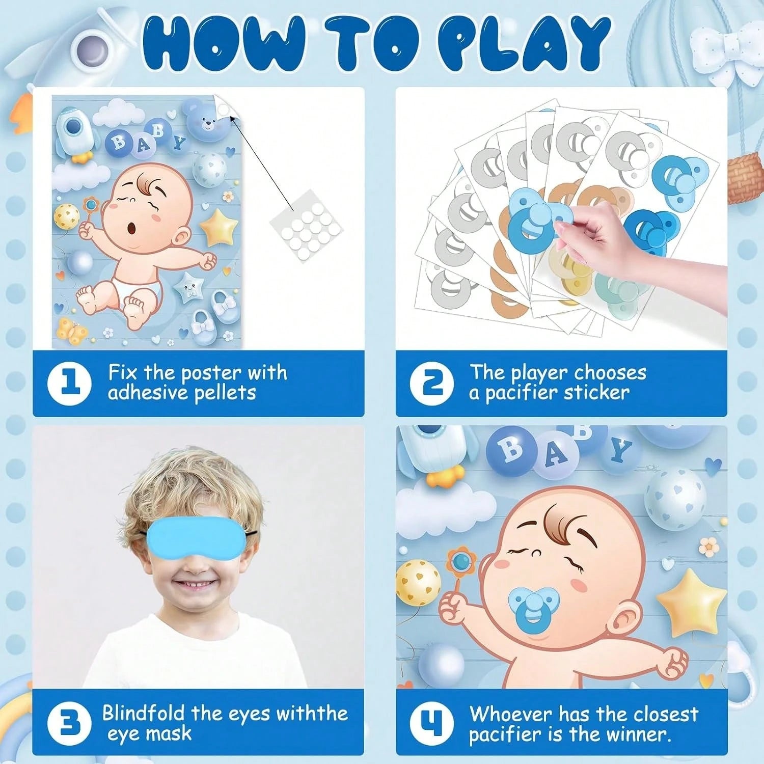 1 Set Baby Shower Games, Suitable For Guests, Includes Printed Poster, Eye Mask And Pacifier Stickers, Cute Pacifier Pin Game Props, Applicable For Gender Reveal And Birthday
