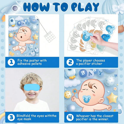 1 Set Baby Shower Games, Suitable For Guests, Includes Printed Poster, Eye Mask And Pacifier Stickers, Cute Pacifier Pin Game Props, Applicable For Gender Reveal And Birthday