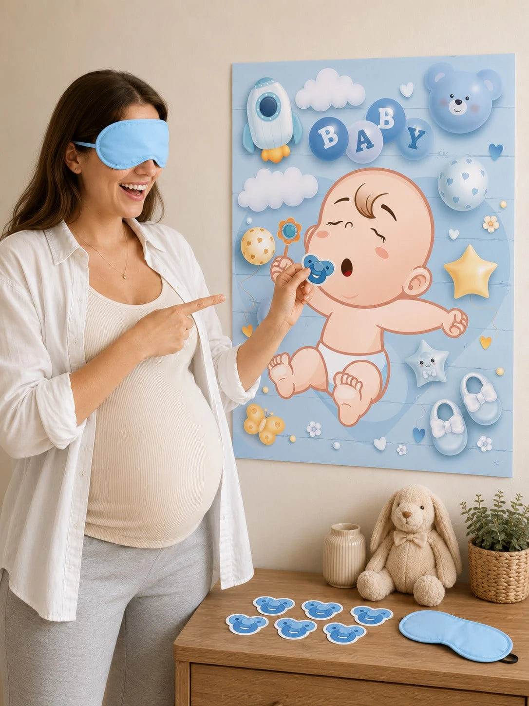 1 Set Baby Shower Games, Suitable For Guests, Includes Printed Poster, Eye Mask And Pacifier Stickers, Cute Pacifier Pin Game Props, Applicable For Gender Reveal And Birthday