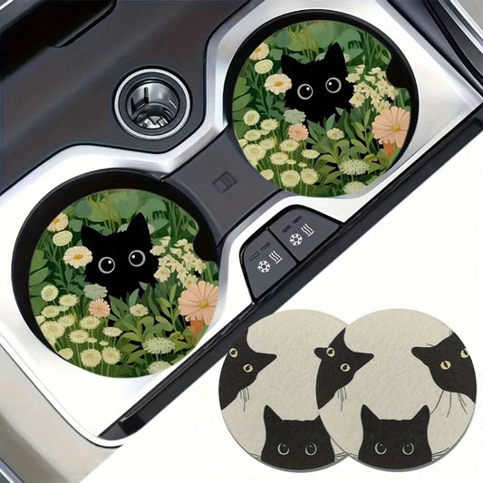 1 Set Of 2 Cat Glass Patterned Car Cup Holder Pads, Universal Compatible, Made Of Natural Rubber Anti Slip Polyester Back, Absorbent Knitted Fabric, Cute Cartoon Storage Pad, Used For Vehicle Interior