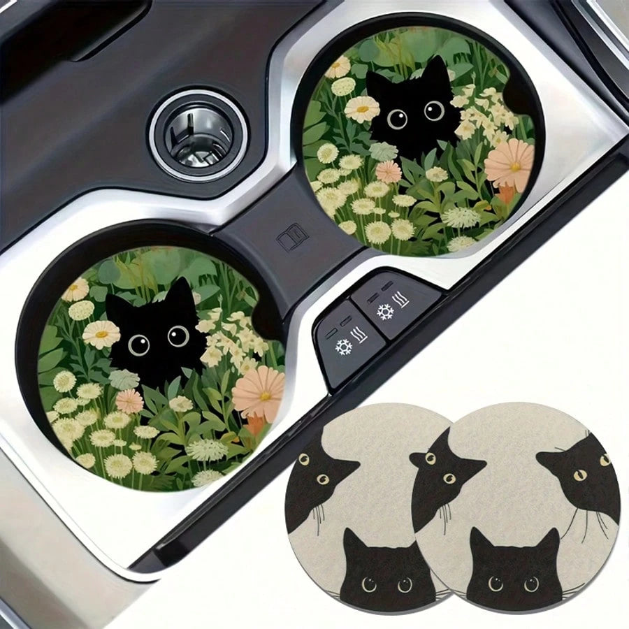 1 Set Of 2 Cat Glass Patterned Car Cup Holder Pads, Universal Compatible, Made Of Natural Rubber Anti Slip Polyester Back, Absorbent Knitted Fabric, Cute Cartoon Storage Pad, Used For Vehicle Interior