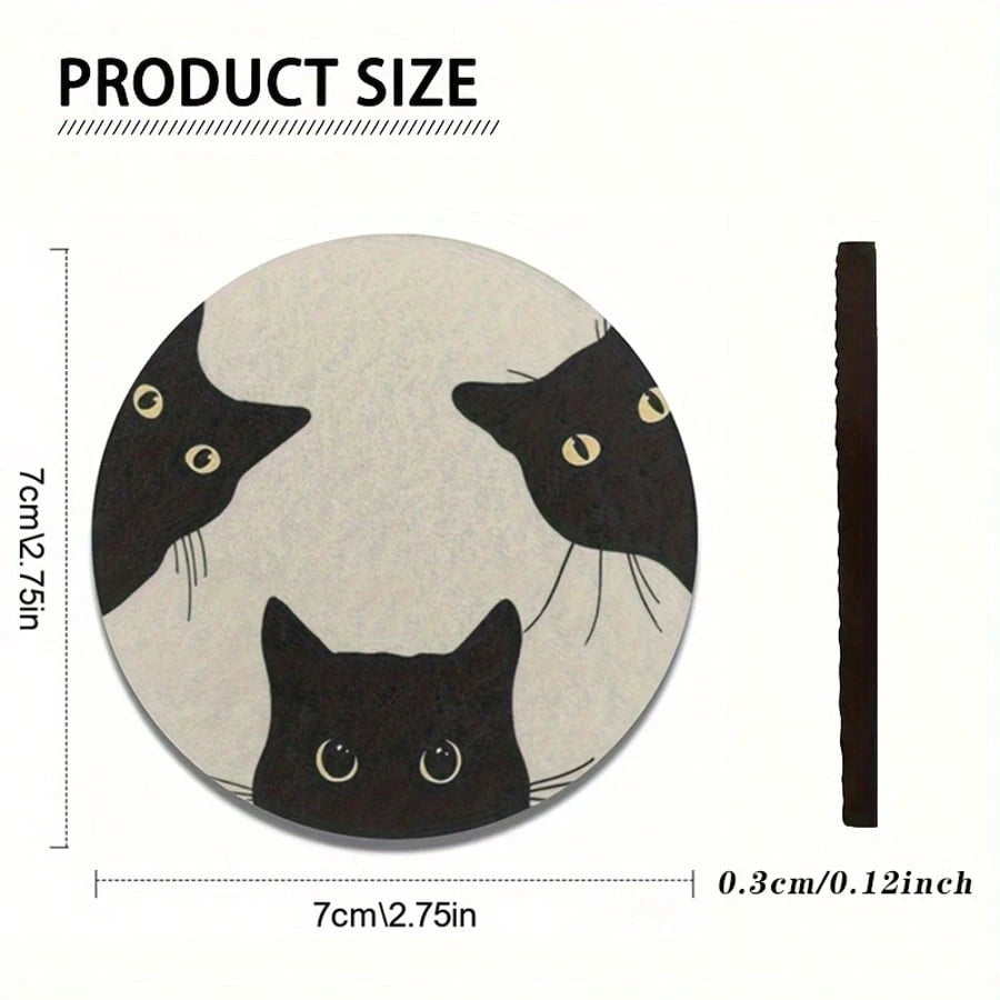 1 Set Of 2 Cat Glass Patterned Car Cup Holder Pads, Universal Compatible, Made Of Natural Rubber Anti Slip Polyester Back, Absorbent Knitted Fabric, Cute Cartoon Storage Pad, Used For Vehicle Interior
