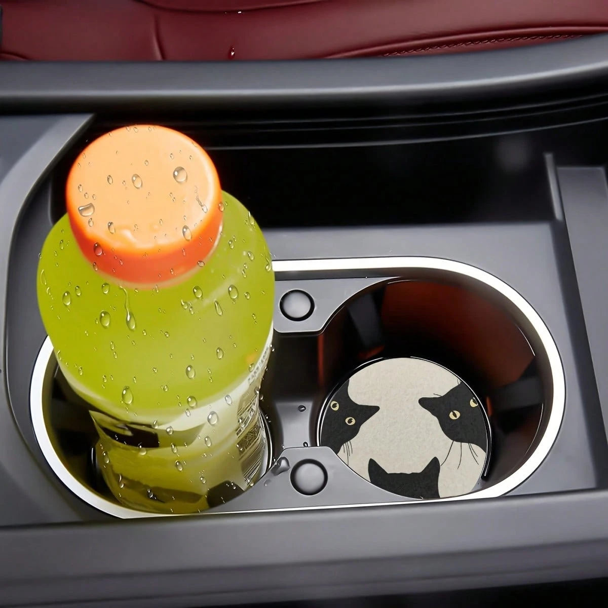 1 Set Of 2 Cat Glass Patterned Car Cup Holder Pads, Universal Compatible, Made Of Natural Rubber Anti Slip Polyester Back, Absorbent Knitted Fabric, Cute Cartoon Storage Pad, Used For Vehicle Interior