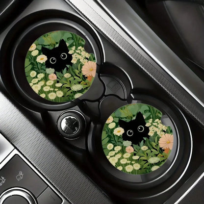 1 Set Of 2 Cat Glass Patterned Car Cup Holder Pads, Universal Compatible, Made Of Natural Rubber Anti Slip Polyester Back, Absorbent Knitted Fabric, Cute Cartoon Storage Pad, Used For Vehicle Interior