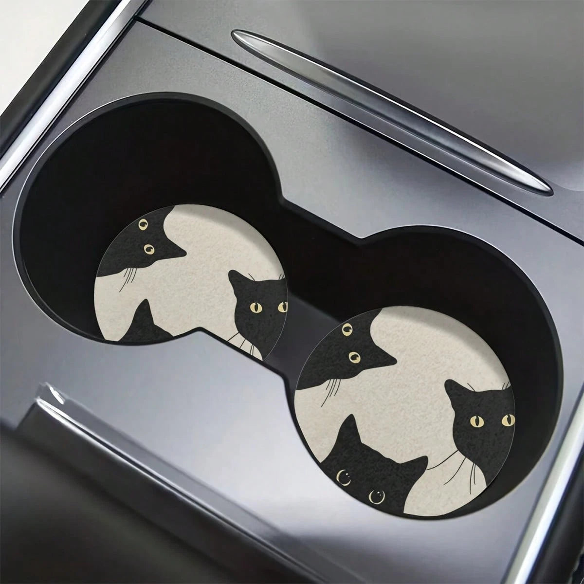 1 Set Of 2 Cat Glass Patterned Car Cup Holder Pads, Universal Compatible, Made Of Natural Rubber Anti Slip Polyester Back, Absorbent Knitted Fabric, Cute Cartoon Storage Pad, Used For Vehicle Interior