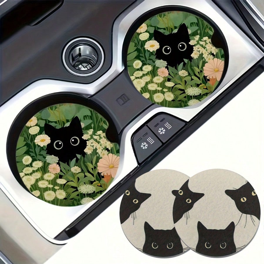 1 Set Of 2 Cat Glass Patterned Car Cup Holder Pads, Universal Compatible, Made Of Natural Rubber Anti Slip Polyester Back, Absorbent Knitted Fabric, Cute Cartoon Storage Pad, Used For Vehicle Interior