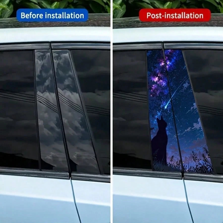 1 Set Of 2 Meteor Cat Car B-Pillar Stickers, Featuring Starry Night Sky Silhouette Design With Stars And Galaxies, Waterproof And UV-Resistant Vinyl Stickers Provide Scratch Protection, Suitable For S