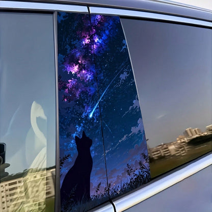 1 Set Of 2 Meteor Cat Car B-Pillar Stickers, Featuring Starry Night Sky Silhouette Design With Stars And Galaxies, Waterproof And UV-Resistant Vinyl Stickers Provide Scratch Protection, Suitable For S