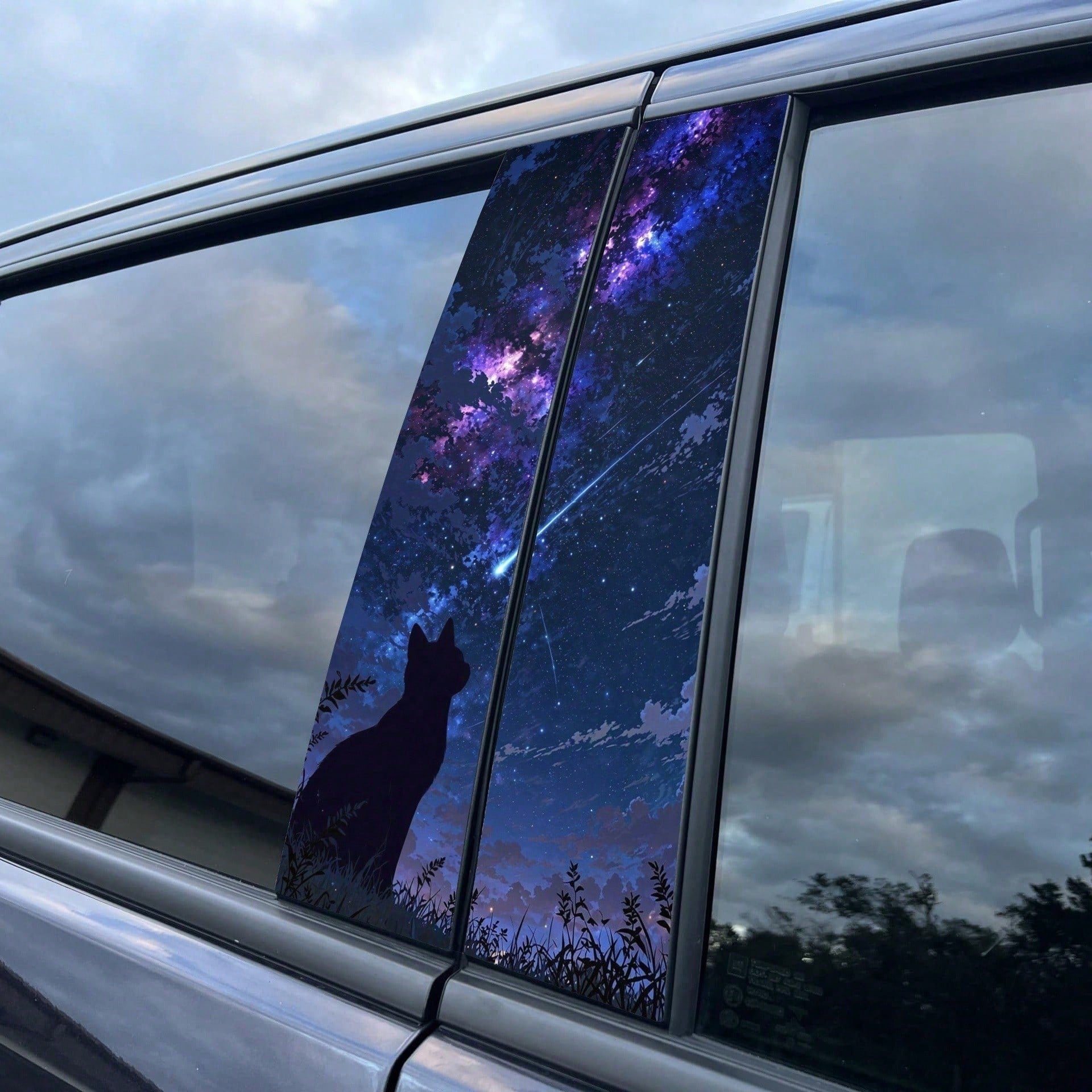 1 Set Of 2 Meteor Cat Car B-Pillar Stickers, Featuring Starry Night Sky Silhouette Design With Stars And Galaxies, Waterproof And UV-Resistant Vinyl Stickers Provide Scratch Protection, Suitable For S