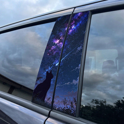 1 Set Of 2 Meteor Cat Car B-Pillar Stickers, Featuring Starry Night Sky Silhouette Design With Stars And Galaxies, Waterproof And UV-Resistant Vinyl Stickers Provide Scratch Protection, Suitable For S
