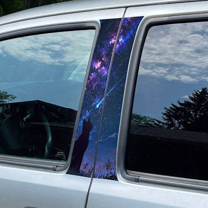 1 Set Of 2 Meteor Cat Car B-Pillar Stickers, Featuring Starry Night Sky Silhouette Design With Stars And Galaxies, Waterproof And UV-Resistant Vinyl Stickers Provide Scratch Protection, Suitable For S