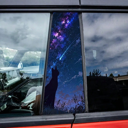 1 Set Of 2 Meteor Cat Car B-Pillar Stickers, Featuring Starry Night Sky Silhouette Design With Stars And Galaxies, Waterproof And UV-Resistant Vinyl Stickers Provide Scratch Protection, Suitable For S