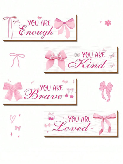 1 Set Pink Bow Wall Decor, Positive Quotes And Motivational Slogans Wooden Sign Plaque, Suitable For Baby Room, Princess Room, Bathroom, Office, Teen Girl Room And Children's Room Wall Decoration