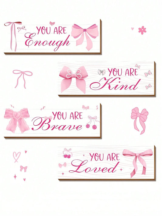 1 Set Pink Bow Wall Decor, Positive Quotes And Motivational Slogans Wooden Sign Plaque, Suitable For Baby Room, Princess Room, Bathroom, Office, Teen Girl Room And Children's Room Wall Decoration