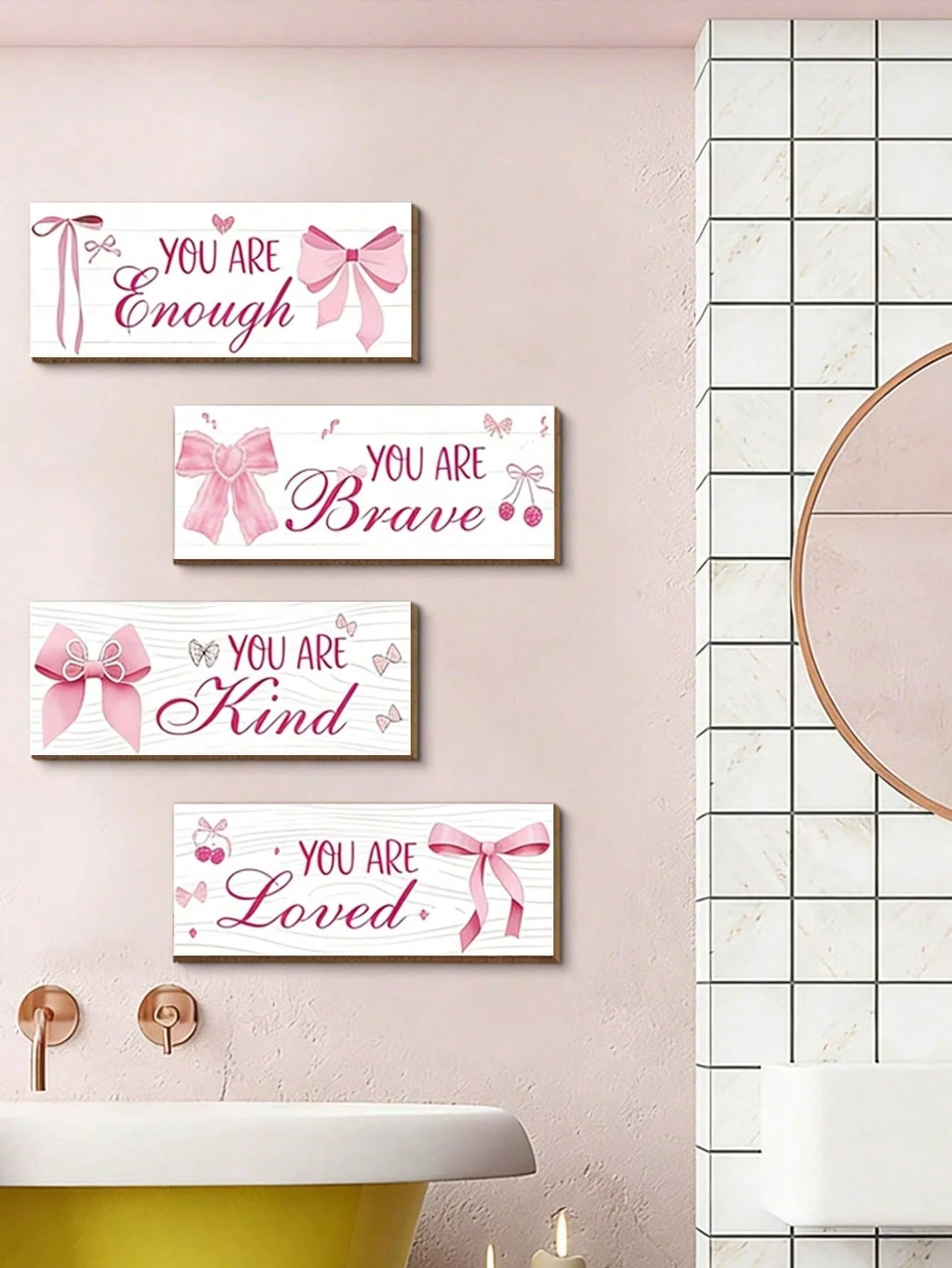 1 Set Pink Bow Wall Decor, Positive Quotes And Motivational Slogans Wooden Sign Plaque, Suitable For Baby Room, Princess Room, Bathroom, Office, Teen Girl Room And Children's Room Wall Decoration