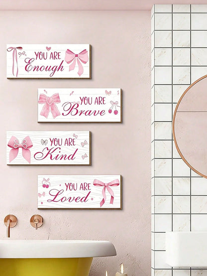1 Set Pink Bow Wall Decor, Positive Quotes And Motivational Slogans Wooden Sign Plaque, Suitable For Baby Room, Princess Room, Bathroom, Office, Teen Girl Room And Children's Room Wall Decoration