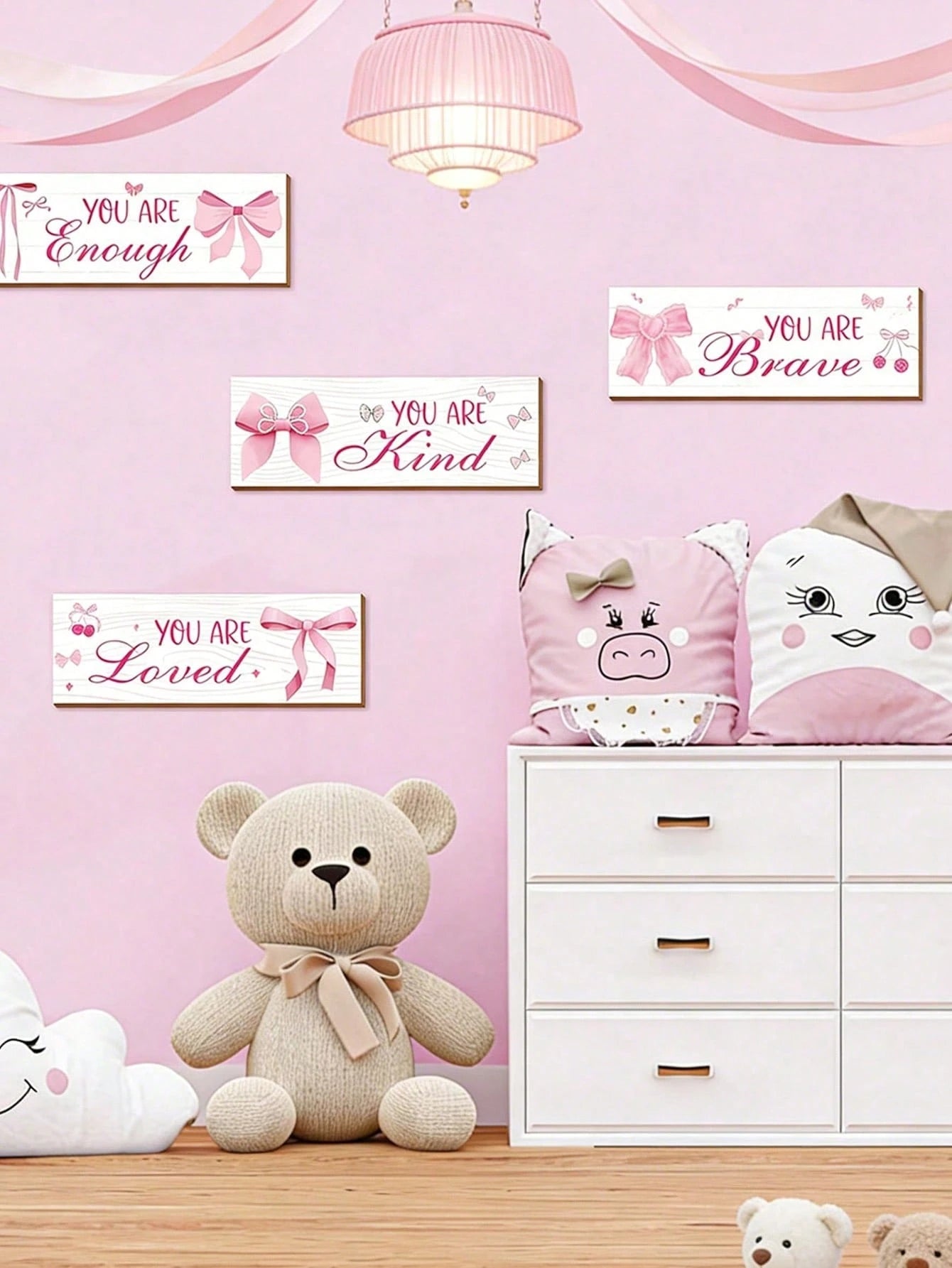 1 Set Pink Bow Wall Decor, Positive Quotes And Motivational Slogans Wooden Sign Plaque, Suitable For Baby Room, Princess Room, Bathroom, Office, Teen Girl Room And Children's Room Wall Decoration