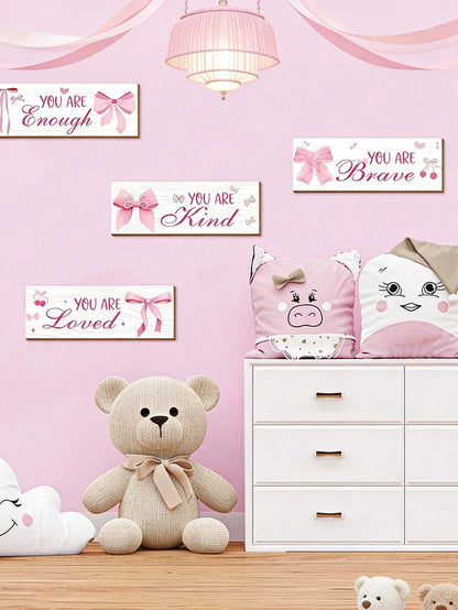 1 Set Pink Bow Wall Decor, Positive Quotes And Motivational Slogans Wooden Sign Plaque, Suitable For Baby Room, Princess Room, Bathroom, Office, Teen Girl Room And Children's Room Wall Decoration
