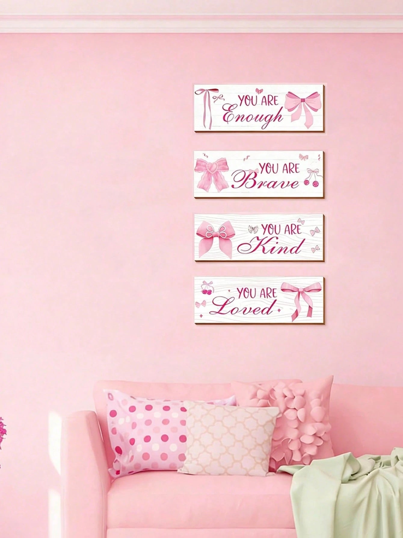 1 Set Pink Bow Wall Decor, Positive Quotes And Motivational Slogans Wooden Sign Plaque, Suitable For Baby Room, Princess Room, Bathroom, Office, Teen Girl Room And Children's Room Wall Decoration