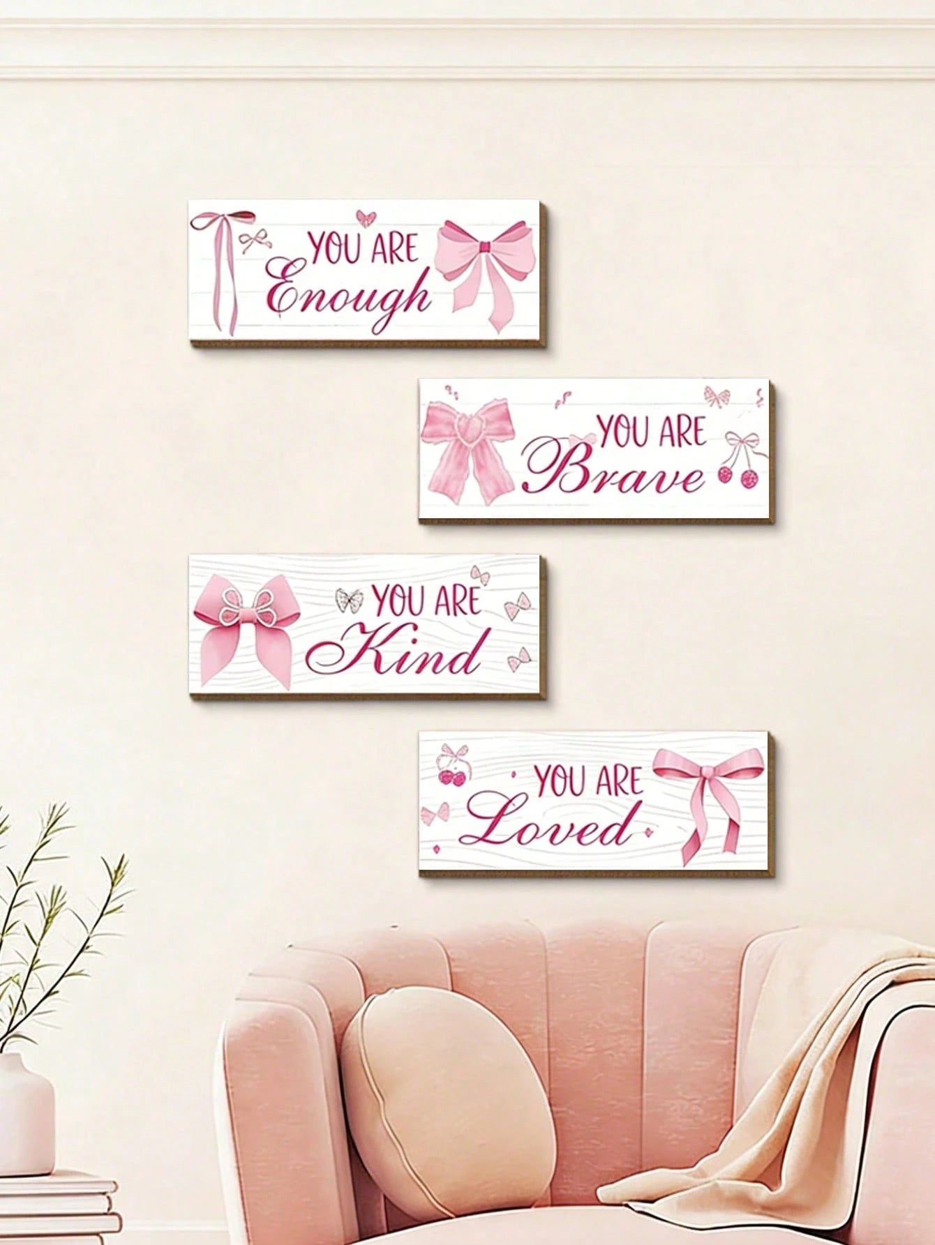 1 Set Pink Bow Wall Decor, Positive Quotes And Motivational Slogans Wooden Sign Plaque, Suitable For Baby Room, Princess Room, Bathroom, Office, Teen Girl Room And Children's Room Wall Decoration