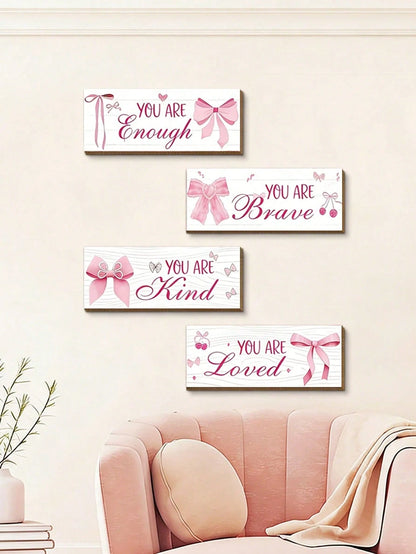 1 Set Pink Bow Wall Decor, Positive Quotes And Motivational Slogans Wooden Sign Plaque, Suitable For Baby Room, Princess Room, Bathroom, Office, Teen Girl Room And Children's Room Wall Decoration