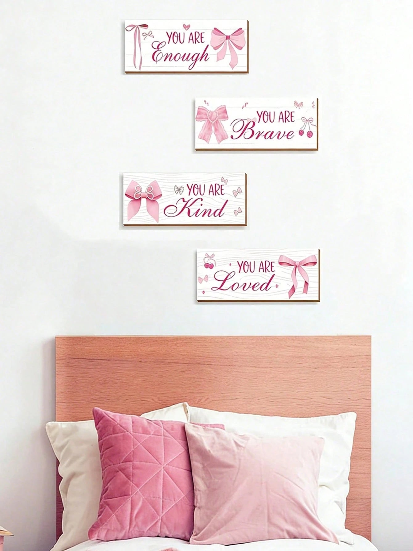 1 Set Pink Bow Wall Decor, Positive Quotes And Motivational Slogans Wooden Sign Plaque, Suitable For Baby Room, Princess Room, Bathroom, Office, Teen Girl Room And Children's Room Wall Decoration