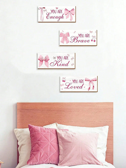 1 Set Pink Bow Wall Decor, Positive Quotes And Motivational Slogans Wooden Sign Plaque, Suitable For Baby Room, Princess Room, Bathroom, Office, Teen Girl Room And Children's Room Wall Decoration